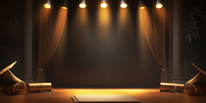 Eine große Bühne mit Lichtimpulsen durch Scheinwerfer