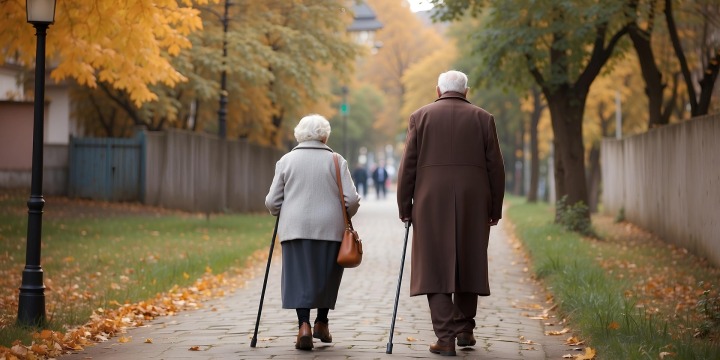 Renterpaar welches spazieren geht