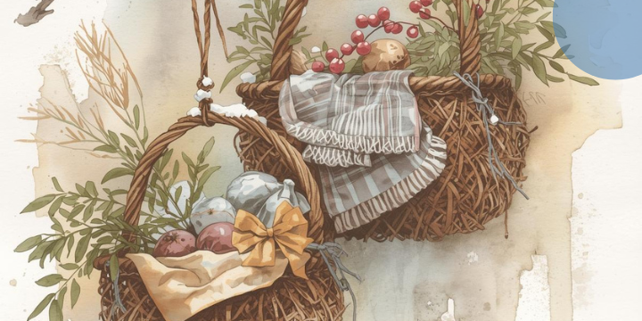 Zwei Hängeampeln aus Weide mit Obst und Blumen