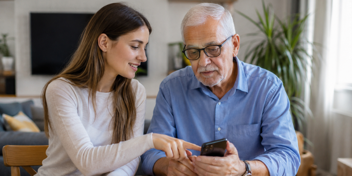 Zwei Personen sitzen am Tisch und schauen auf ein Smartphone