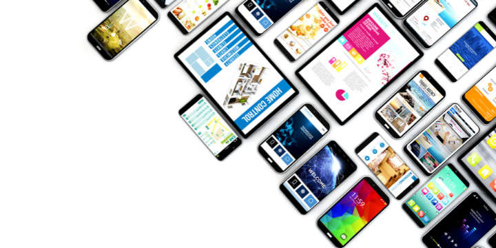 Weißer Hintergrund mir vielen Handys und Telefonen